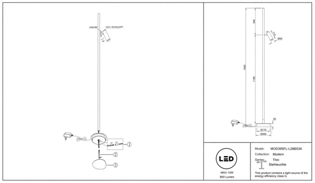 Lampadaire LED ultra-fin à lumière indirecte, noir ou doré