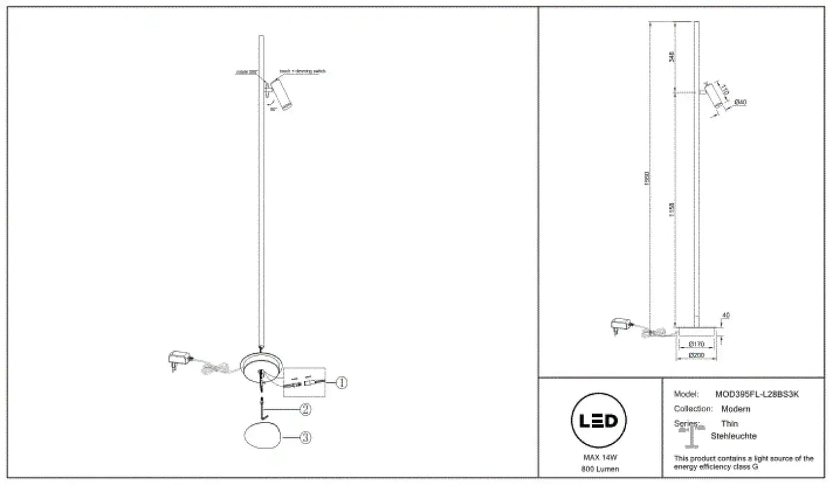 Lampadaire LED ultra-fin à lumière indirecte, noir ou doré