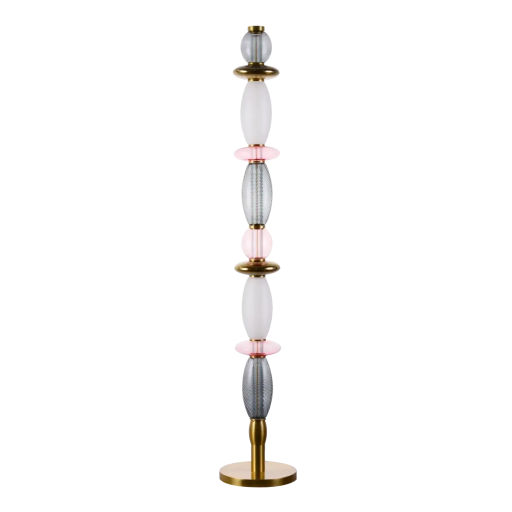 Lampadaire à verrines en verre soufflé, structure dorée
