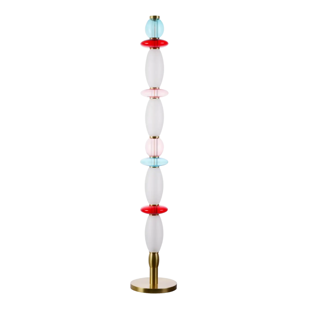 Lampadaire à verrines en verre soufflé, structure dorée