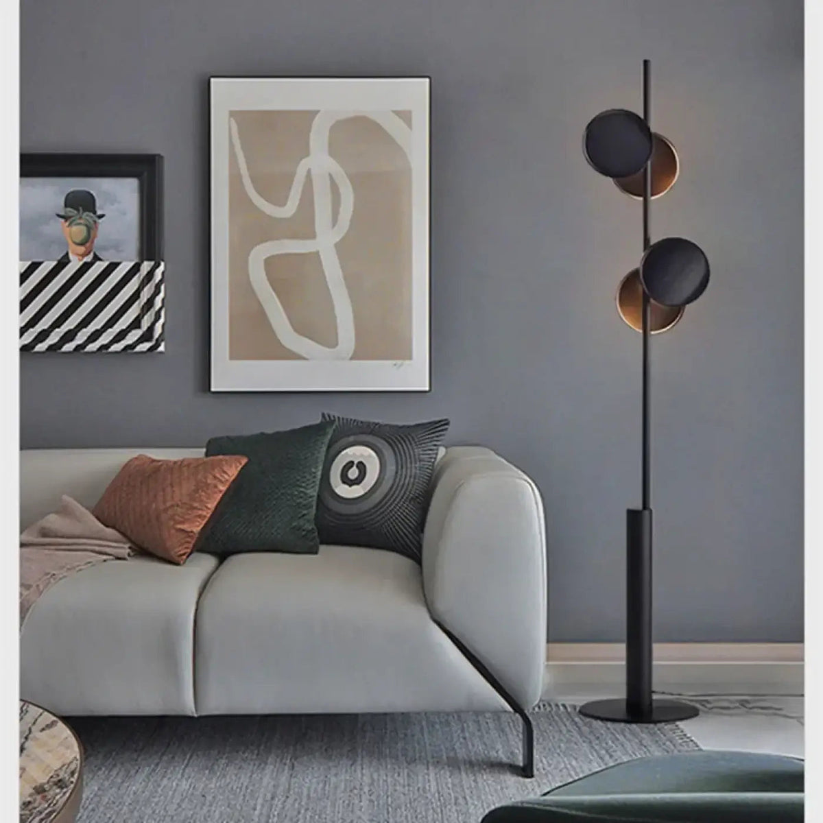 Lampadaire moderne à double éclairage, silhouette graphique