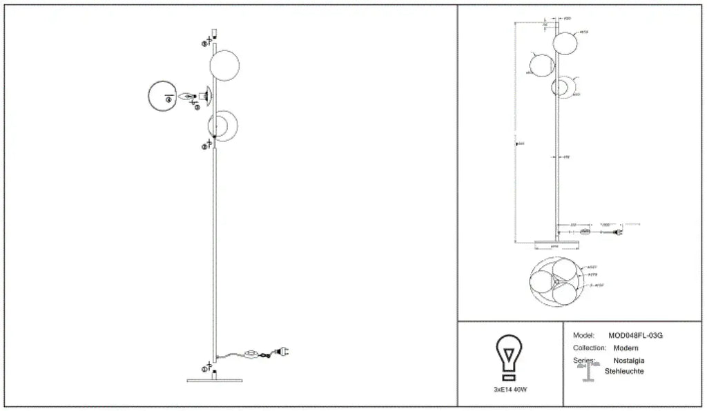Lampadaire trois globes opalins, acier noir et doré, 150 cm
