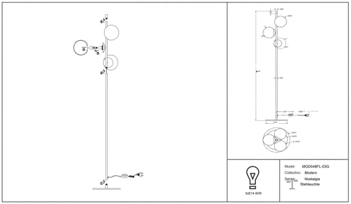 Lampadaire trois globes opalins, acier noir et doré, 150 cm