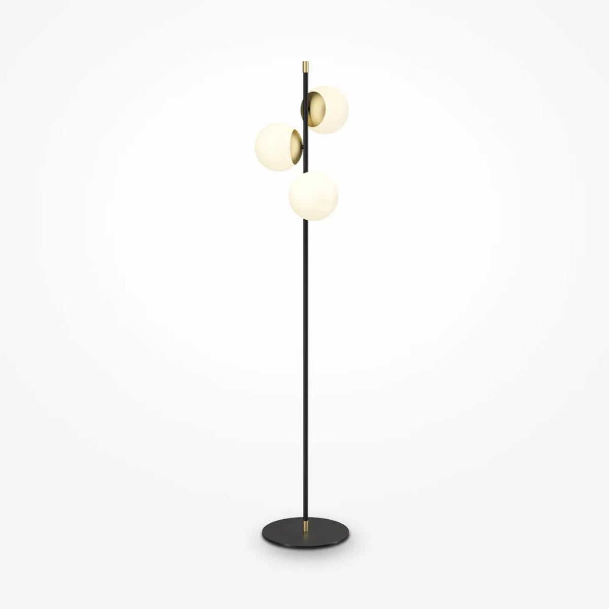 Lampadaire trois globes opalins, acier noir et doré, 150 cm