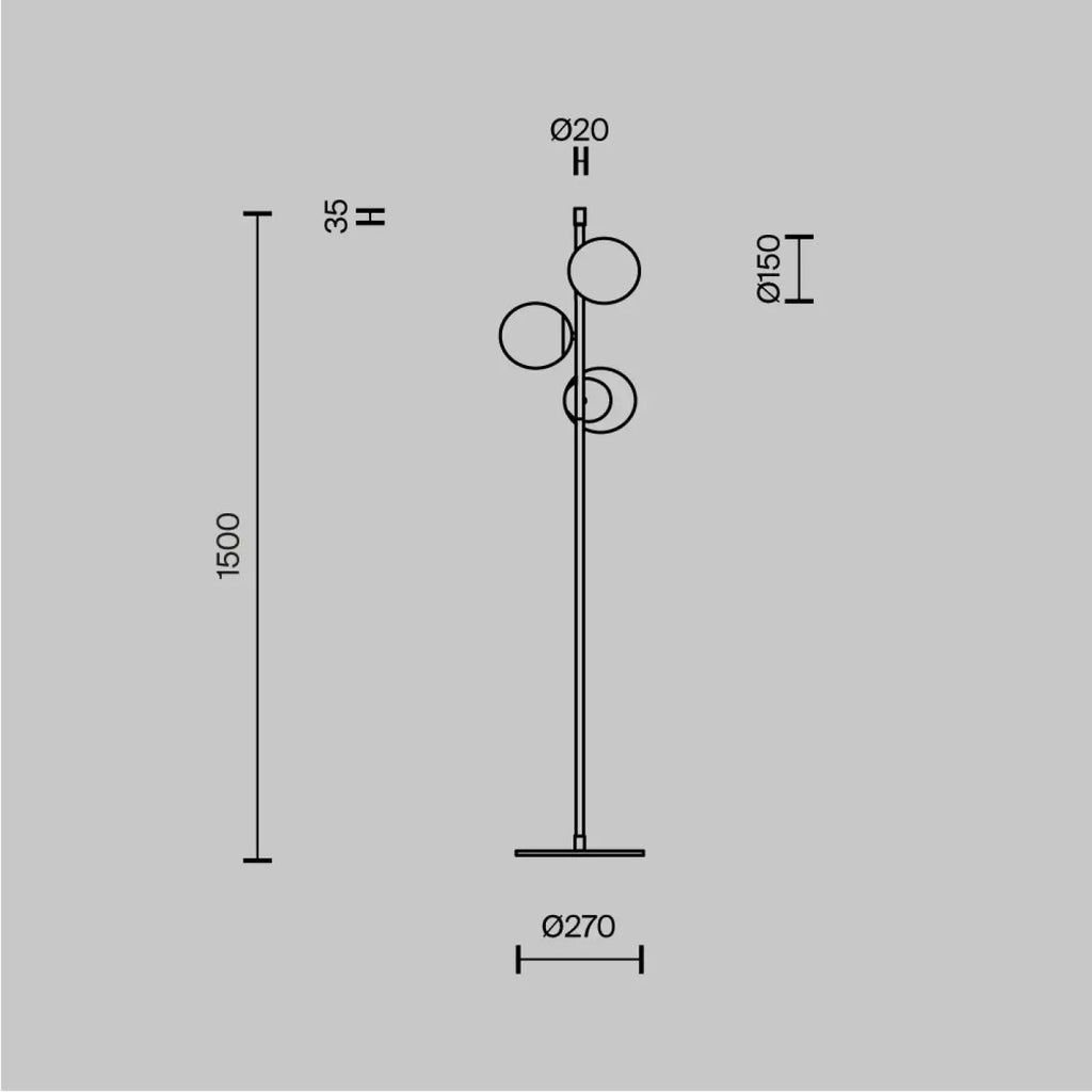 Lampadaire trois globes opalins, acier noir et doré, 150 cm