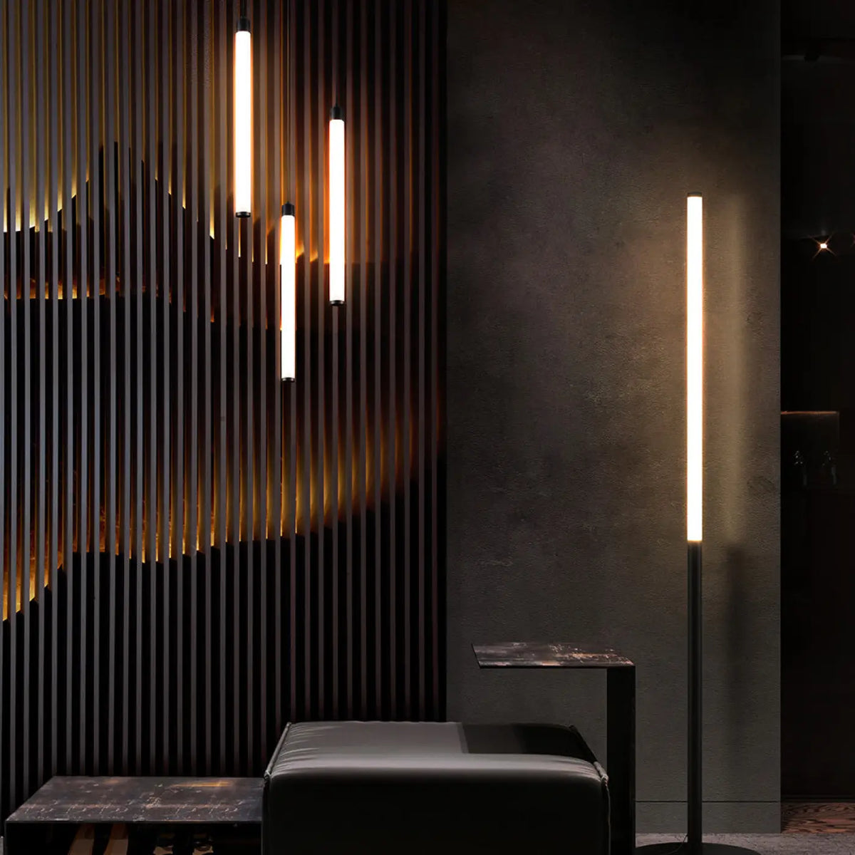 Lampadaire LED tube lumineux vertical en acier noir, 130 cm