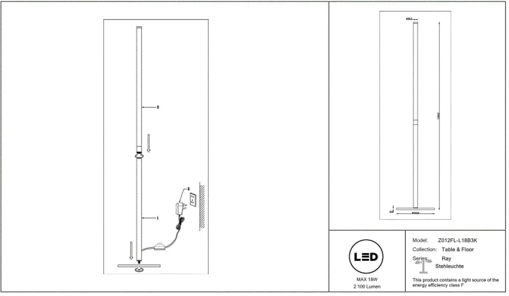 Lampadaire LED tube lumineux vertical en acier noir, 130 cm
