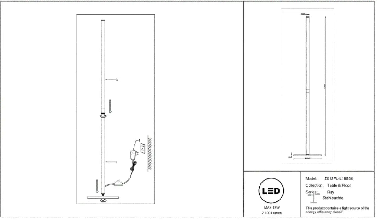 Lampadaire LED tube lumineux vertical en acier noir, 130 cm
