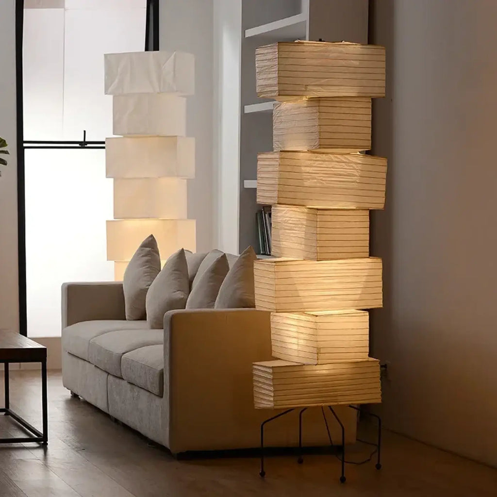 Lampadaire japandi en papier plissé, six abat-jours au choix