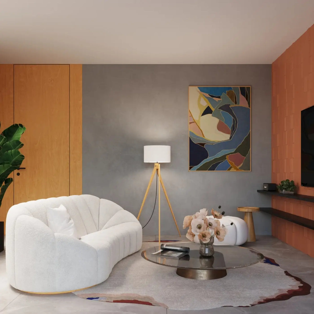 Lampadaire trépied en bois naturel, abat-jour tissu de 40 cm