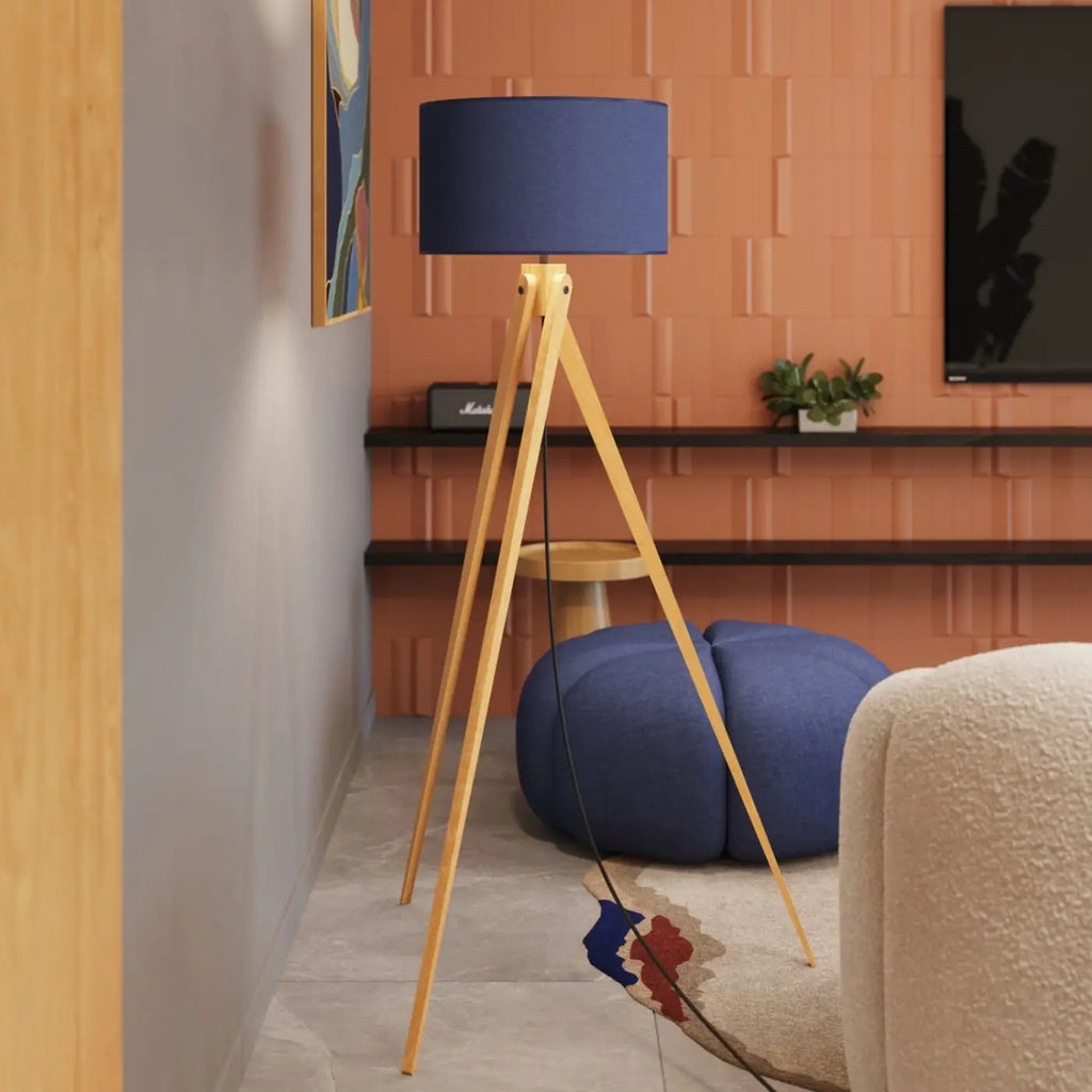 Lampadaire trépied en bois naturel, abat-jour tissu de 40 cm