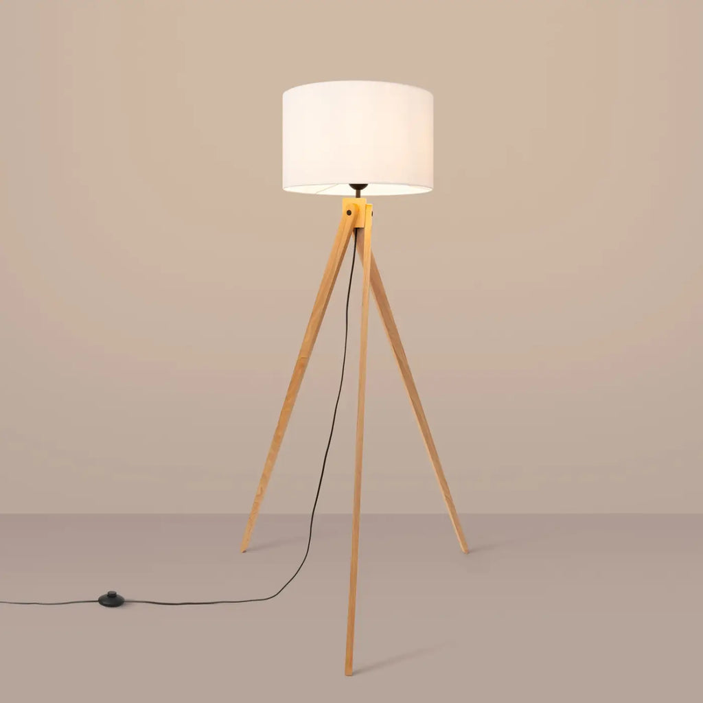 Lampadaire trépied en bois naturel, abat-jour tissu de 40 cm