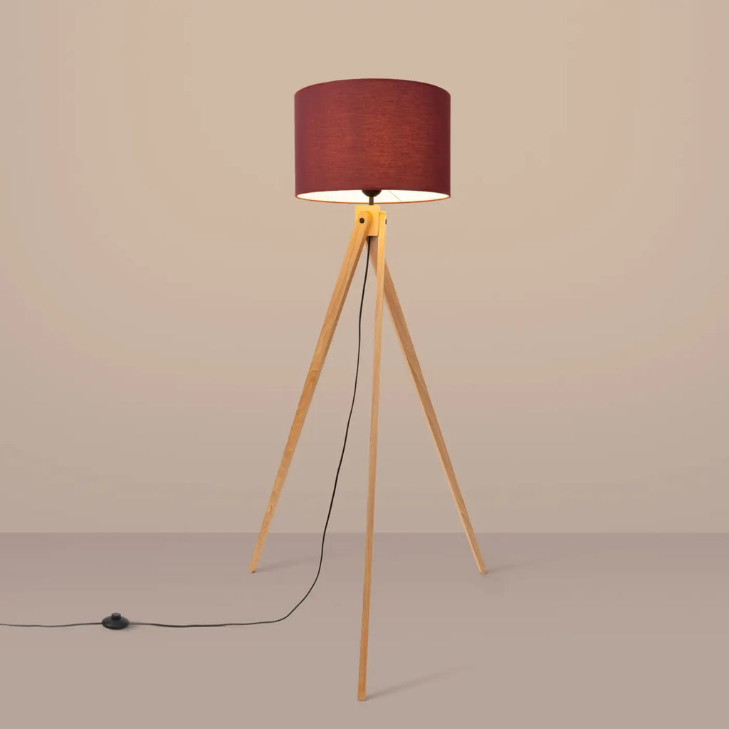 Lampadaire trépied en bois naturel, abat-jour tissu de 40 cm