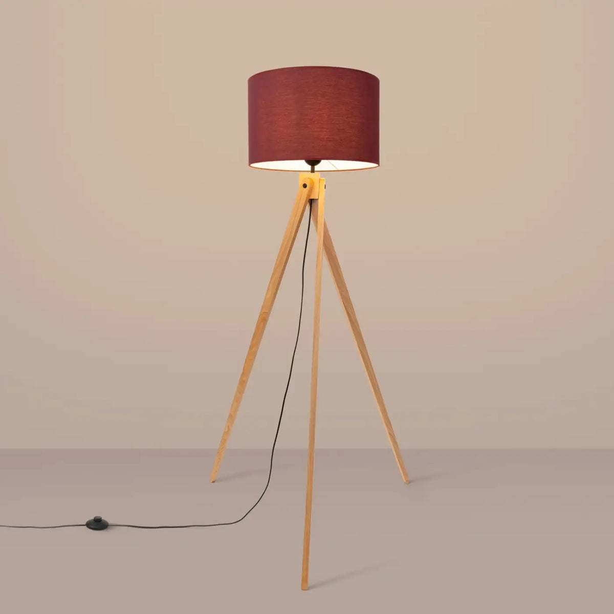 Lampadaire trépied en bois naturel, abat-jour tissu de 40 cm