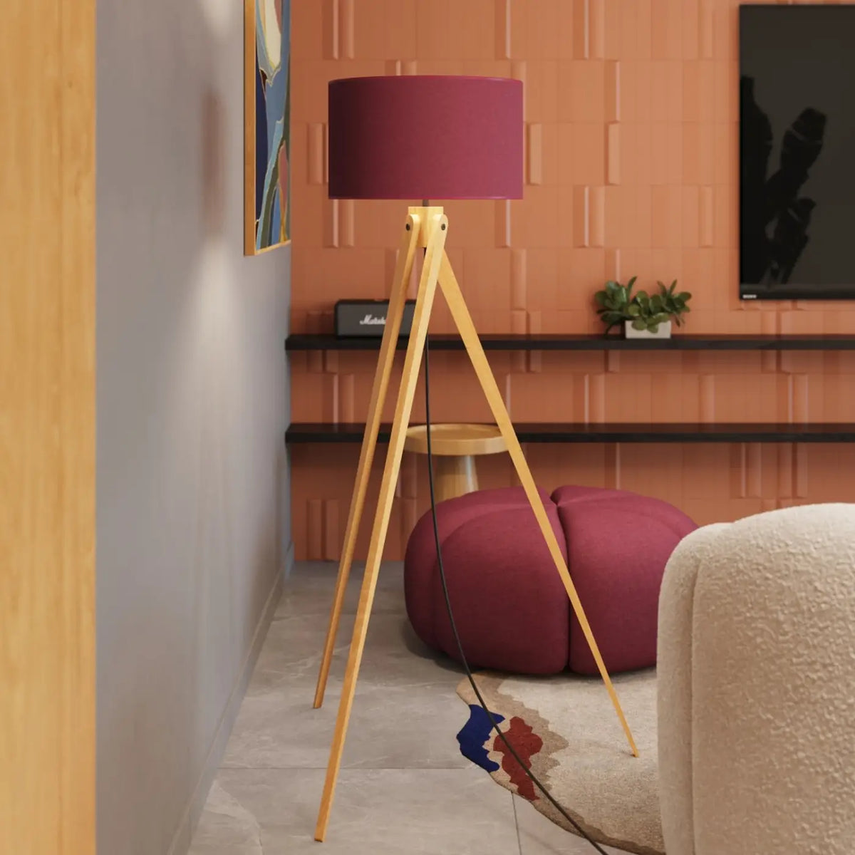 Lampadaire trépied en bois naturel, abat-jour tissu de 40 cm