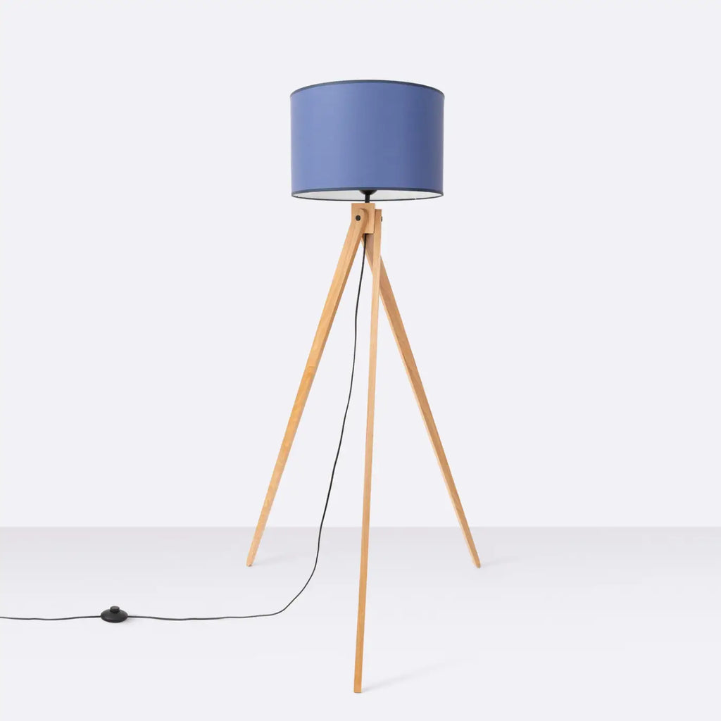 Lampadaire trépied en bois naturel, abat-jour tissu de 40 cm, bleu marine/bois naturel