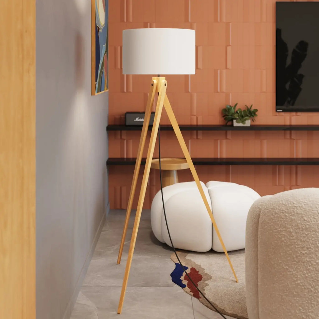 Lampadaire trépied en bois naturel, abat-jour tissu de 40 cm