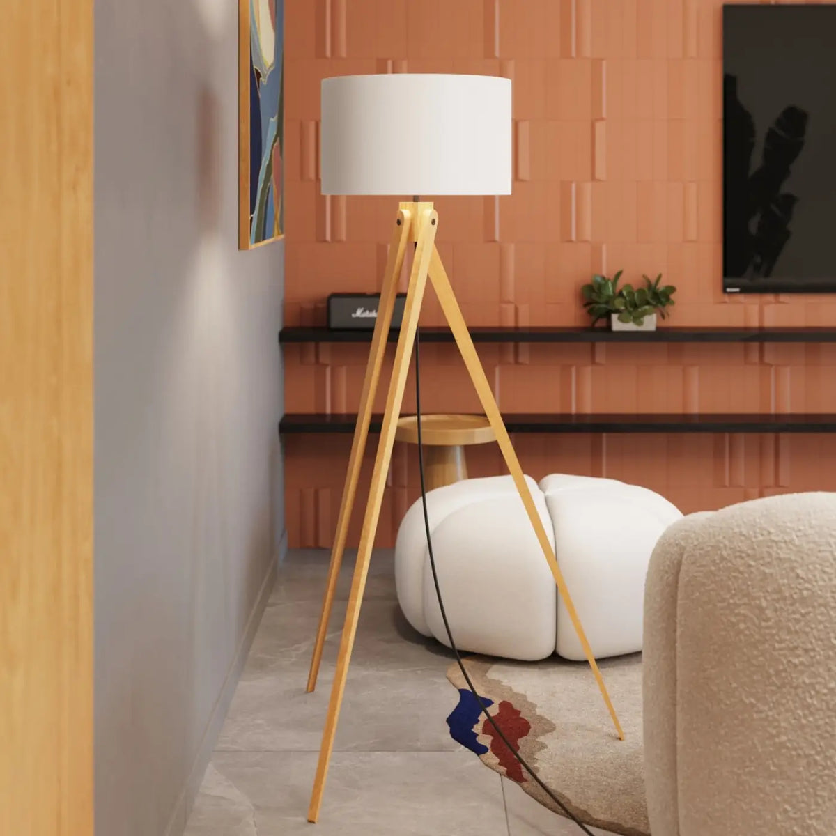 Lampadaire trépied en bois naturel, abat-jour tissu de 40 cm