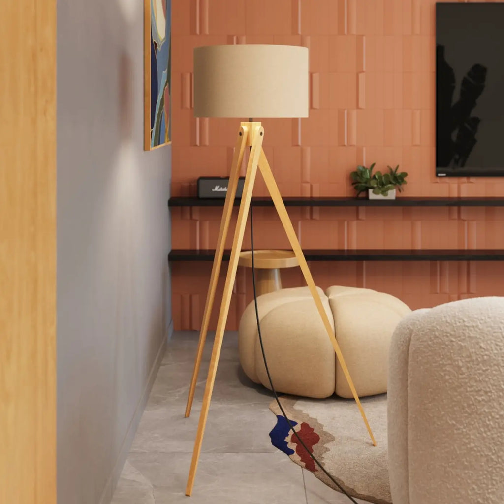 Lampadaire trépied en bois naturel, abat-jour tissu de 40 cm