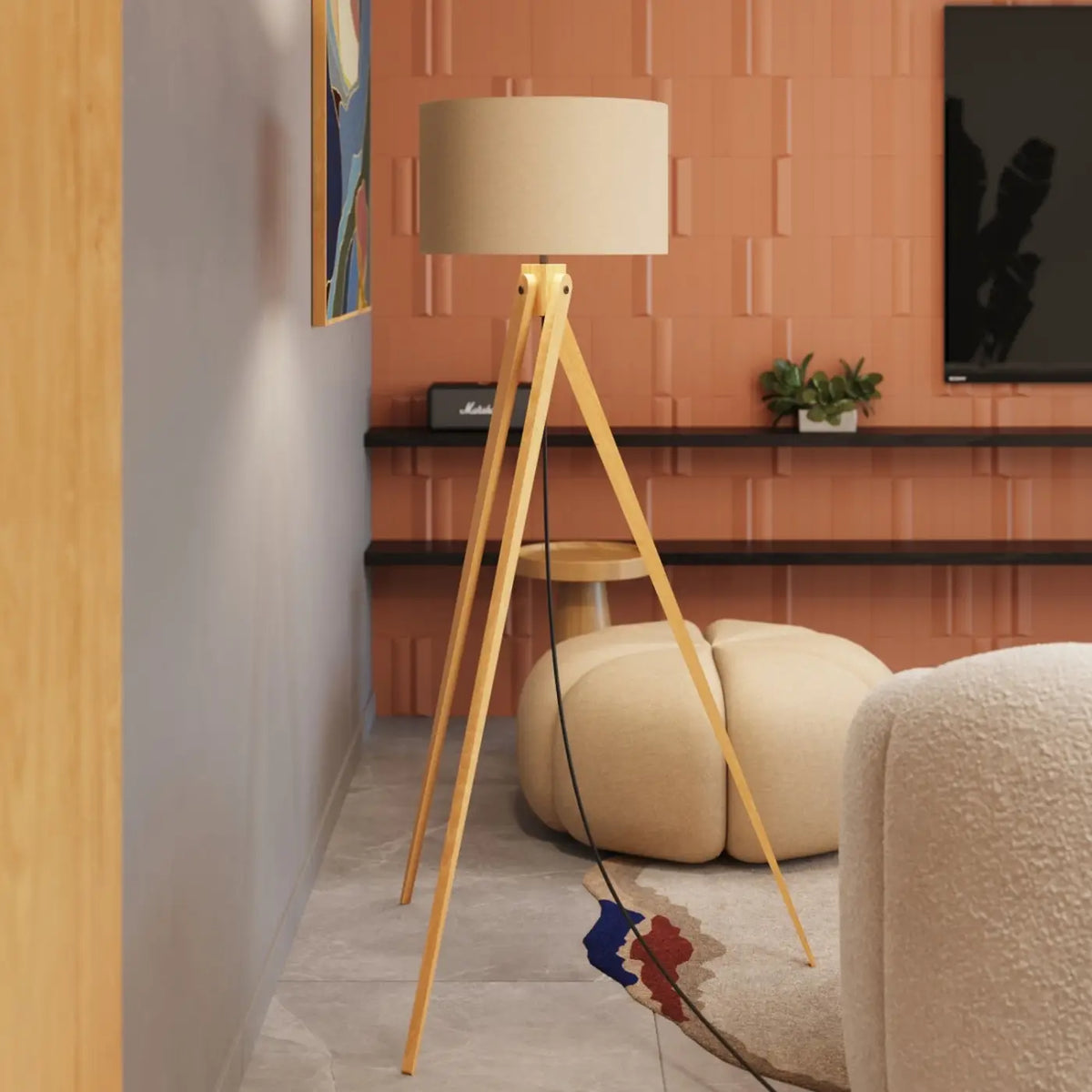 Lampadaire trépied en bois naturel, abat-jour tissu de 40 cm