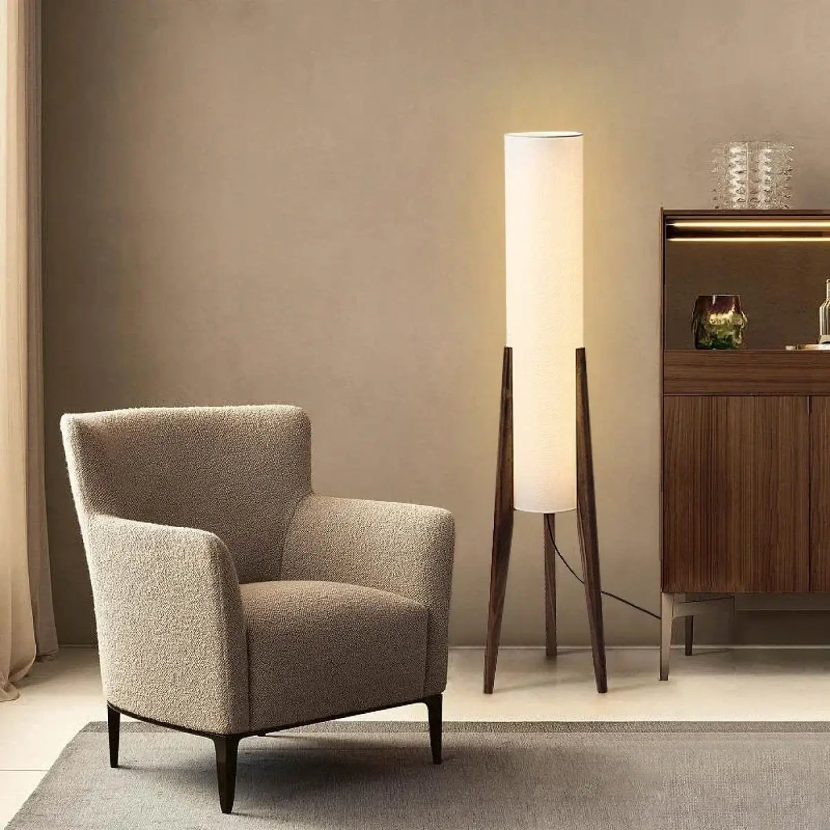 Lampadaire trépied nordique en bois naturel, beige ou marron