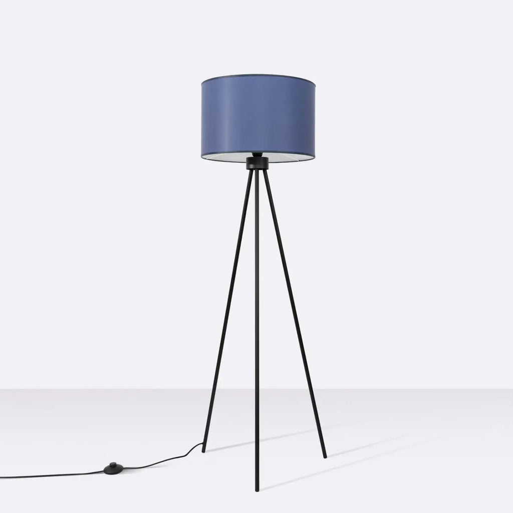 Lampadaire trépied fin en acier noir, abat-jour cylindre 40 cm, bleu marine/noir