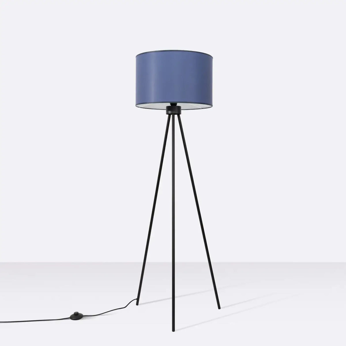 Lampadaire trépied fin en acier noir, abat-jour cylindre 40 cm, bleu marine/noir