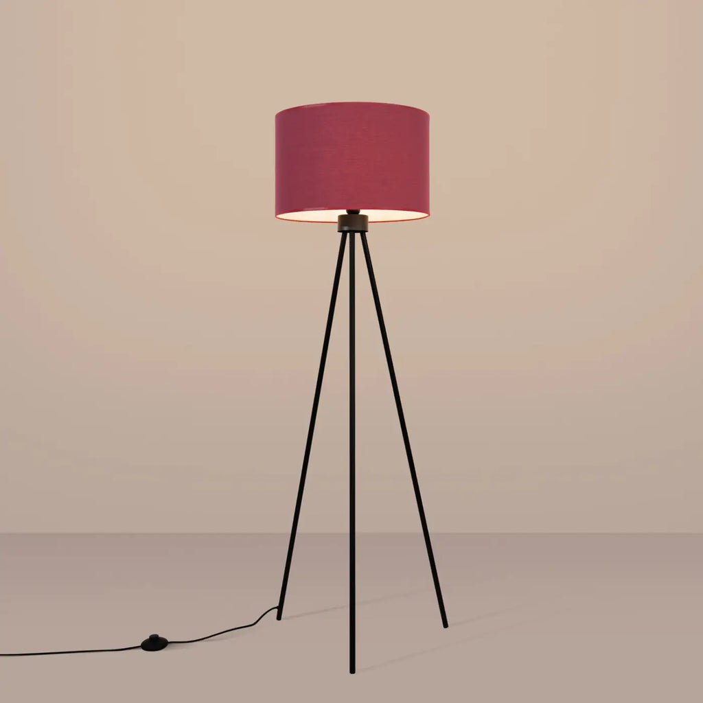 Lampadaire trépied fin en acier noir, abat-jour cylindre 40 cm
