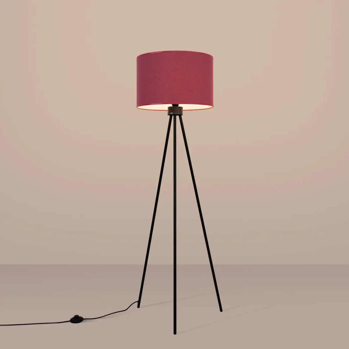 Lampadaire trépied fin en acier noir, abat-jour cylindre 40 cm