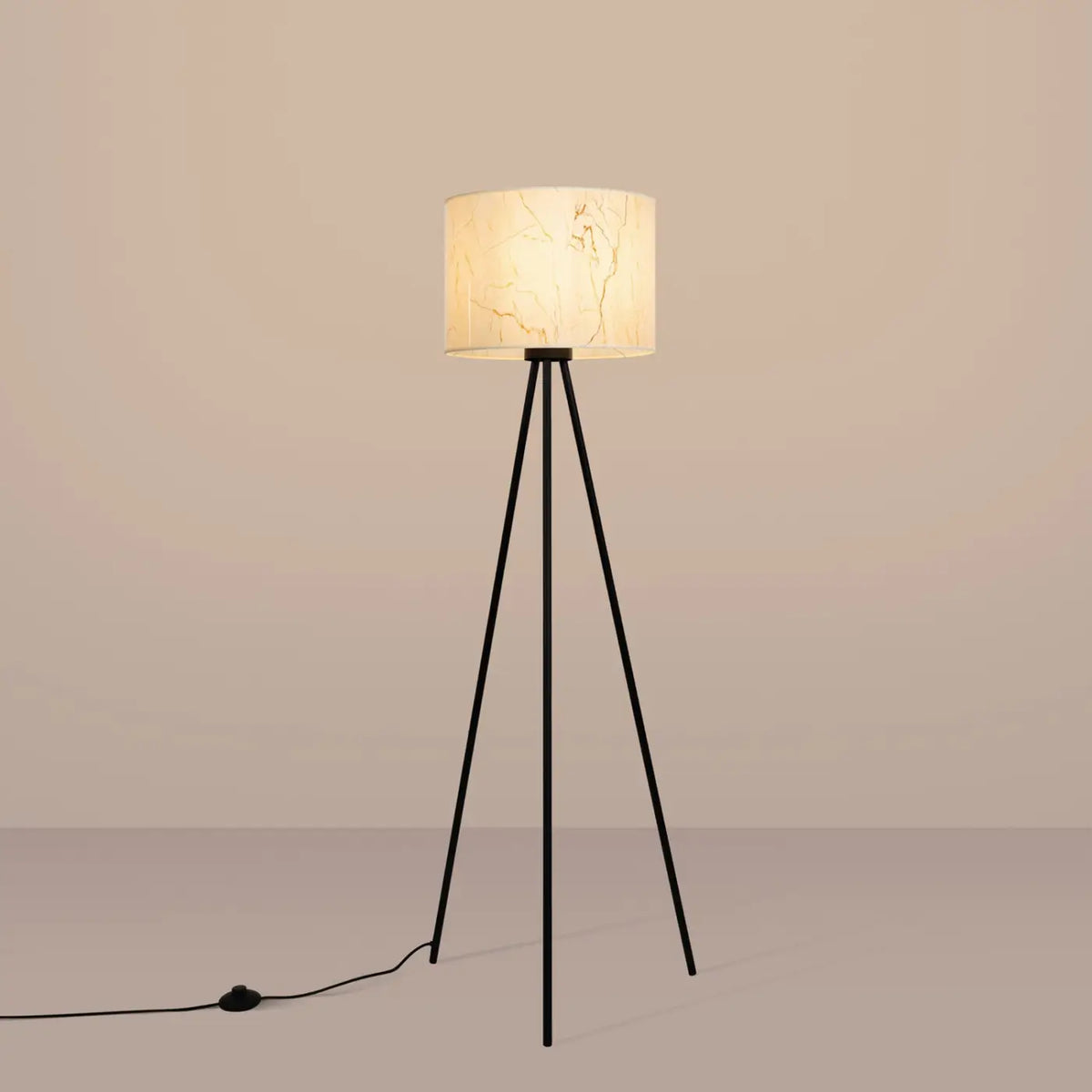 Lampadaire trépied fin en acier noir, abat-jour cylindre 40 cm