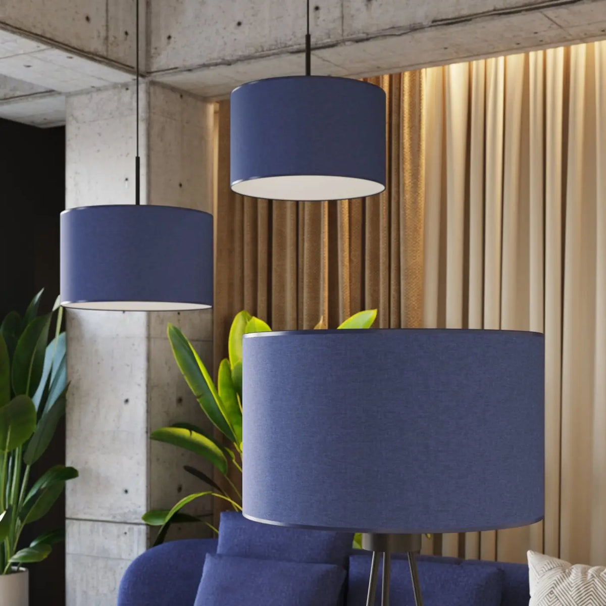 Lampadaire trépied fin en acier noir, abat-jour cylindre 40 cm