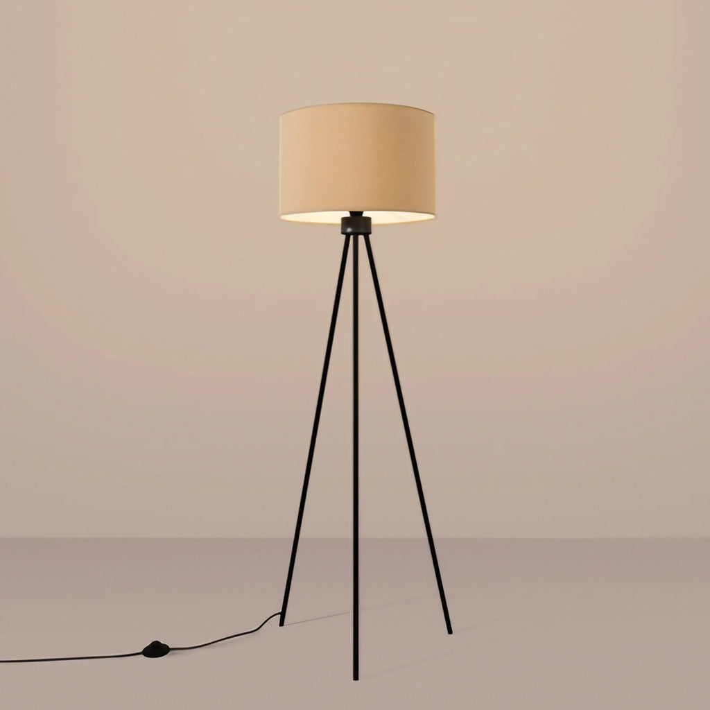 Lampadaire trépied fin en acier noir, abat-jour cylindre 40 cm