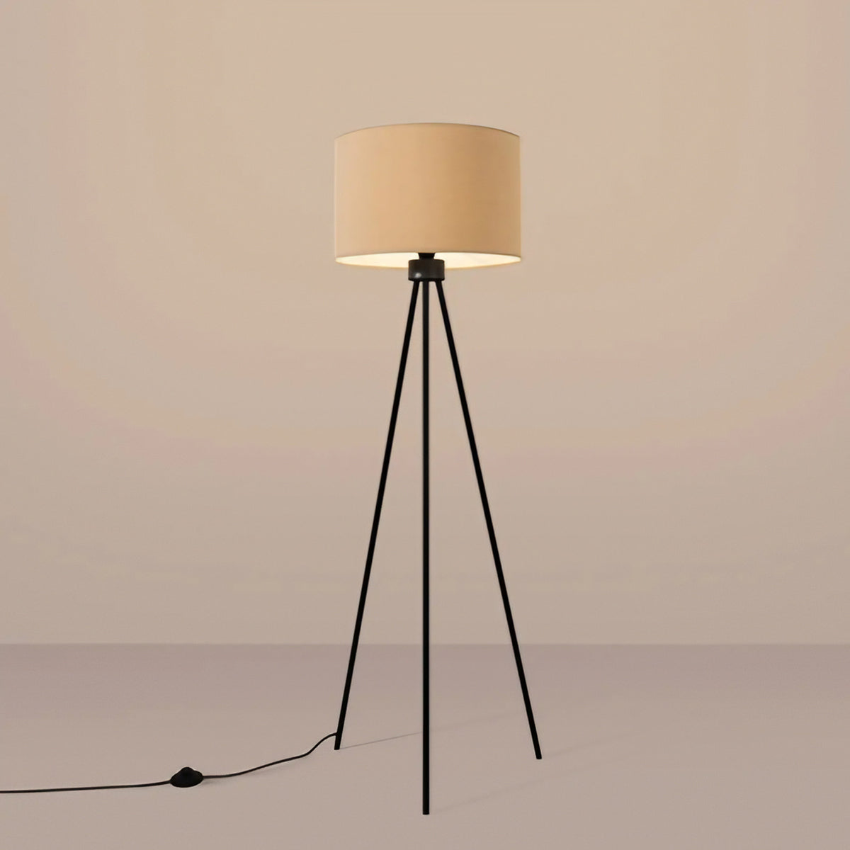 Lampadaire trépied fin en acier noir, abat-jour cylindre 40 cm