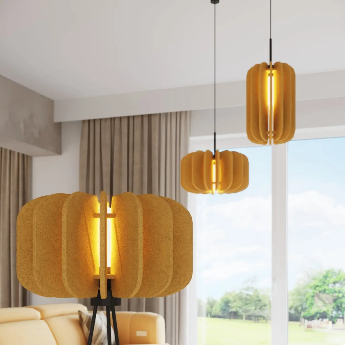Lampadaire trépied en acier noir, abat-jour feutre de 45 cm