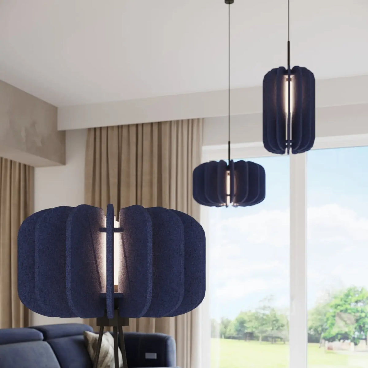 Lampadaire trépied en acier noir, abat-jour feutre de 45 cm