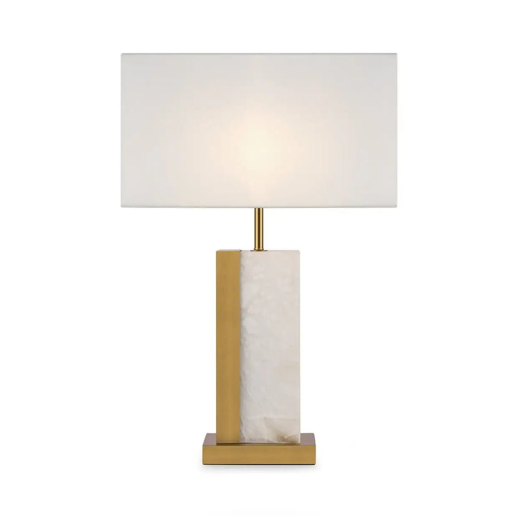 Lampe à poser en albâtre et métal laiton, abat-jour tissu blanc