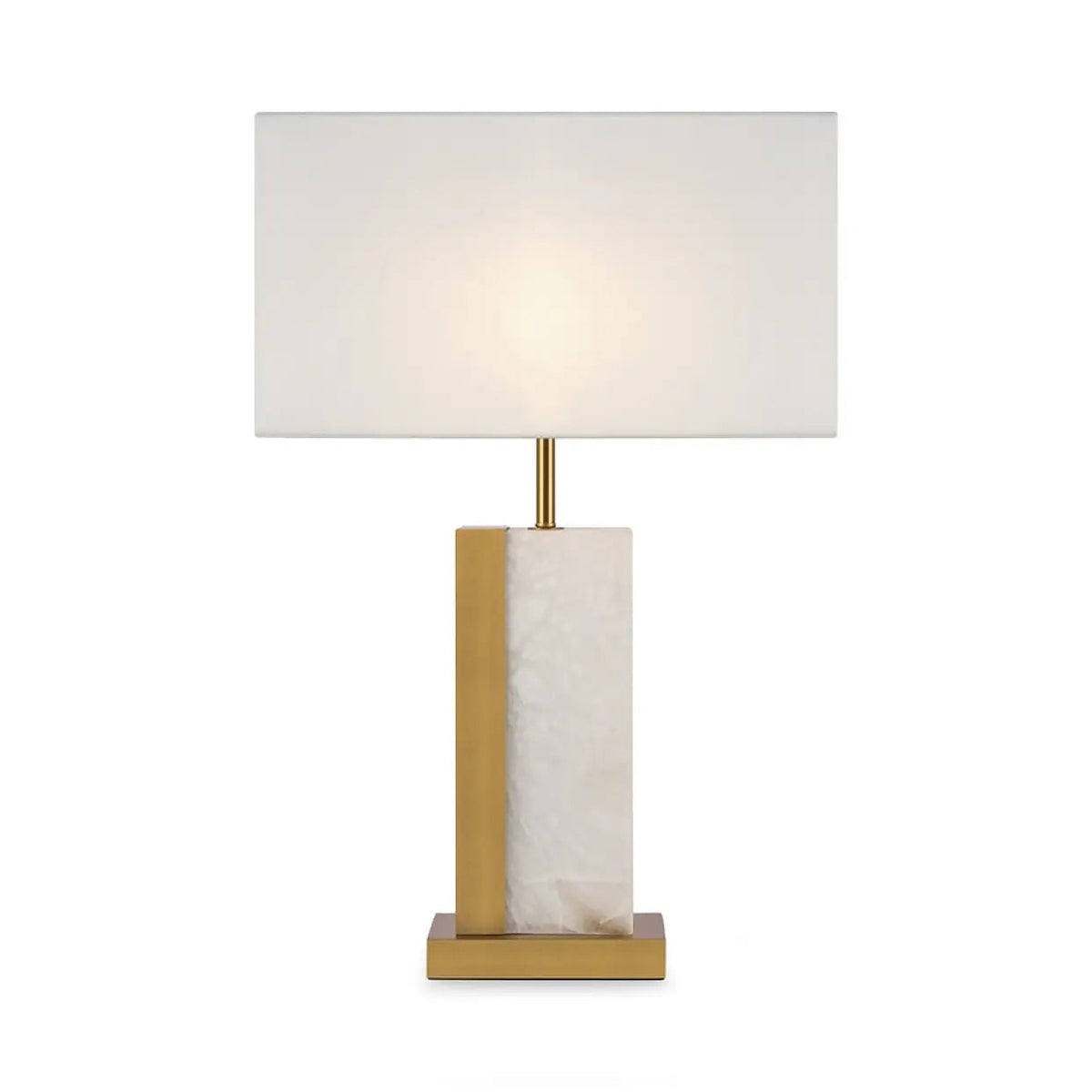 Lampe à poser en albâtre et métal laiton, abat-jour tissu blanc