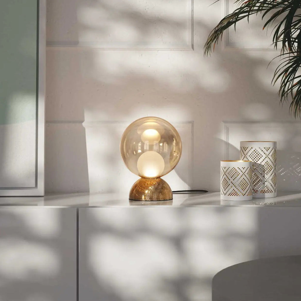 Lampe de chevet globe en verre miroir, socle inox, 28 cm