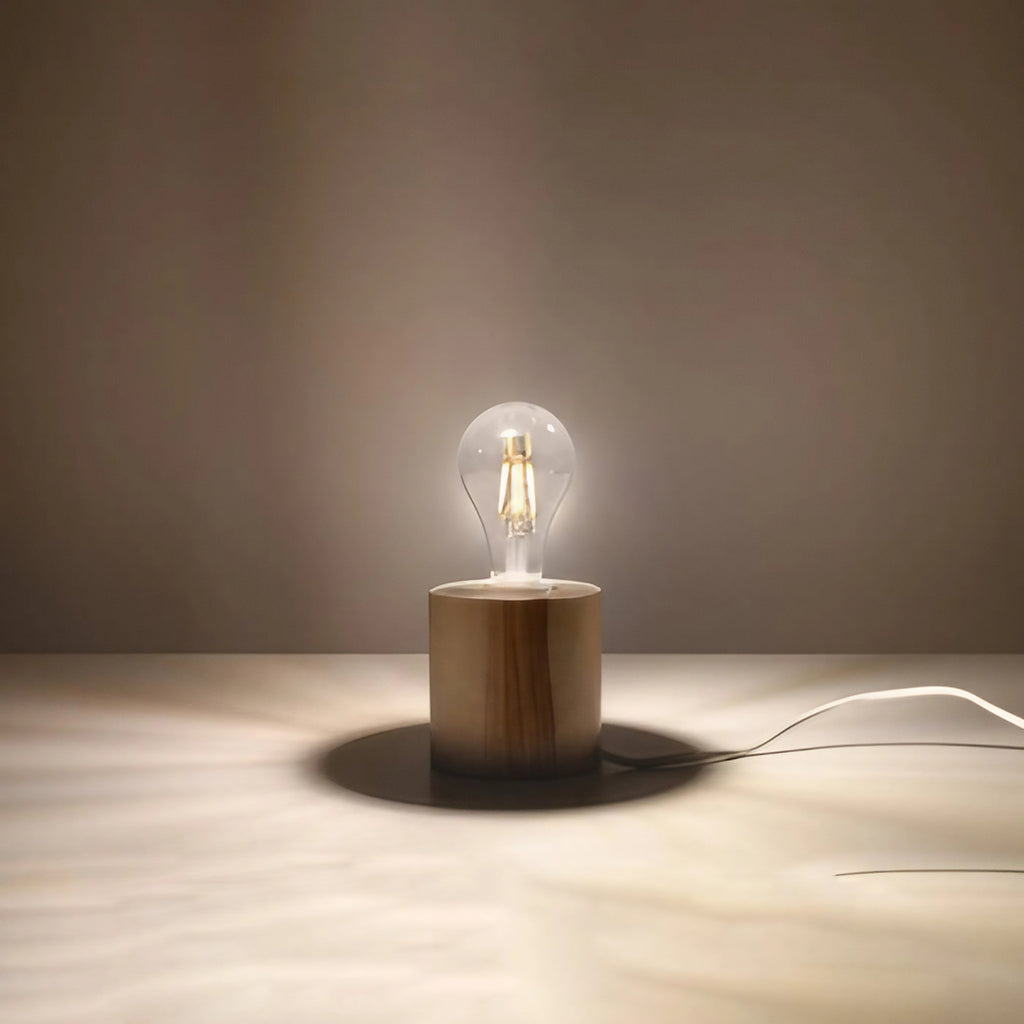 Lampe à poser socle cylindre en bois ou béton, ampoule nue