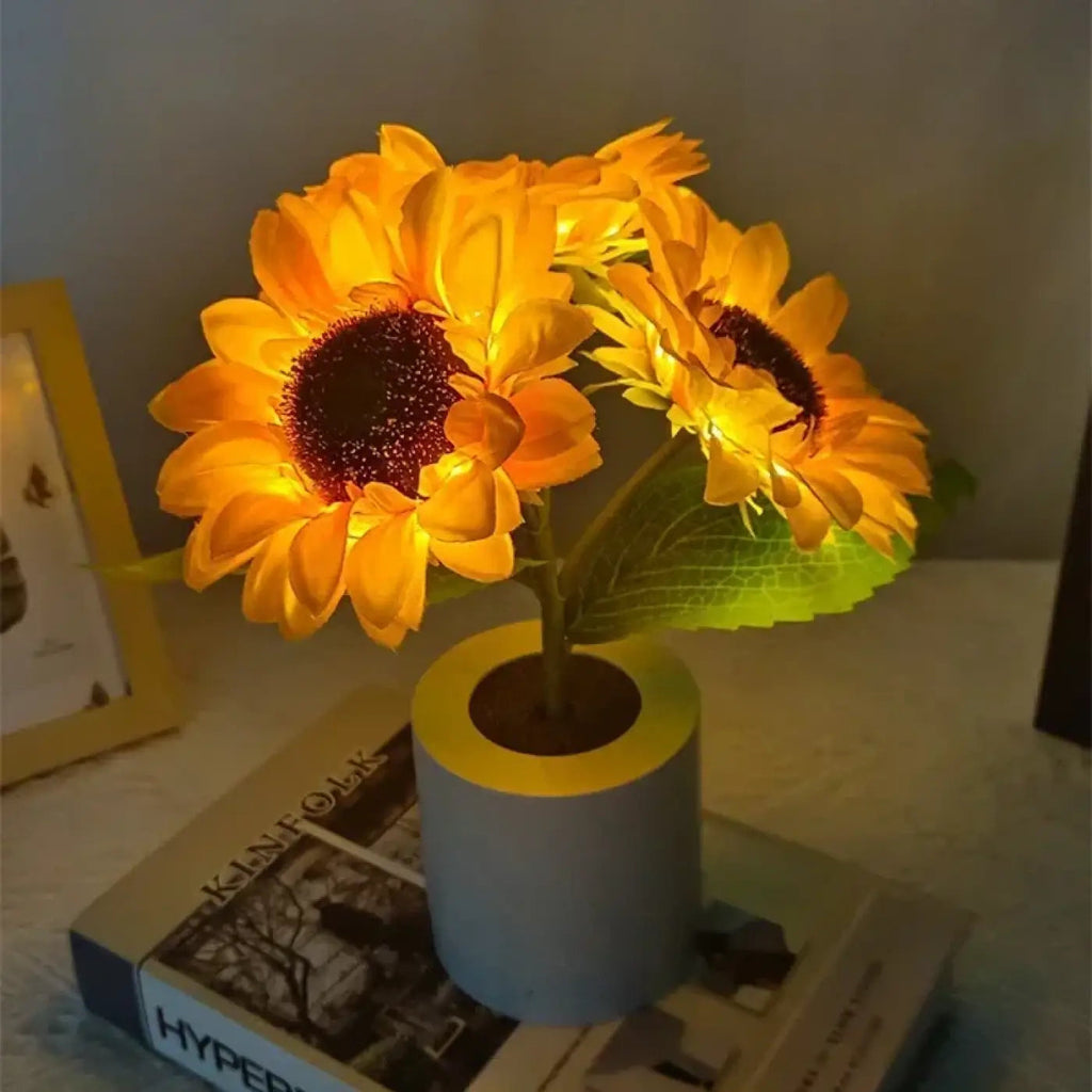 Lampe à poser tournesol, fleur en textile et plastique