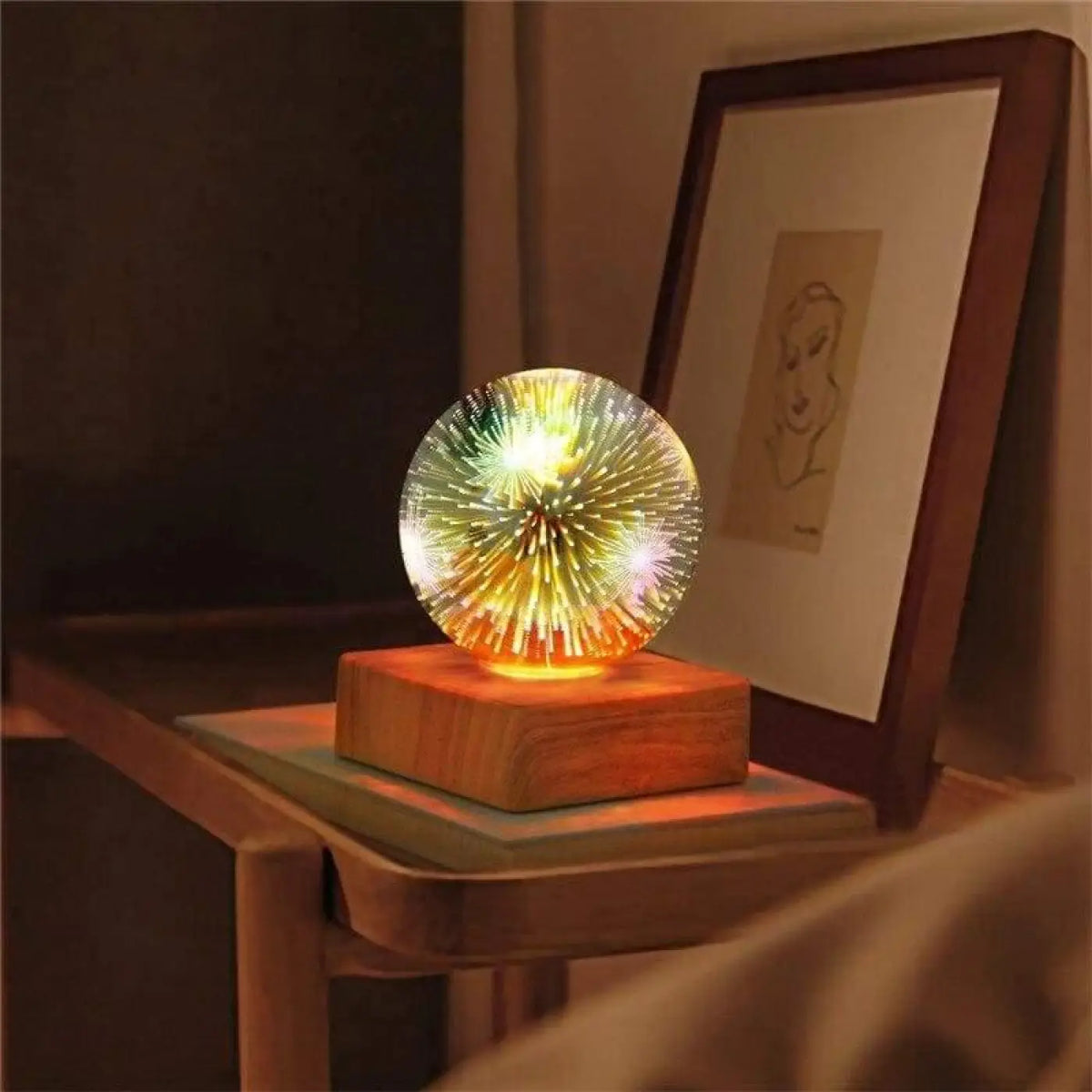 Lampe boule à poser, trois motifs lumineux au choix