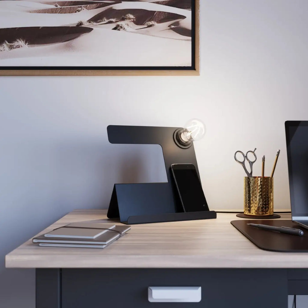 Lampe de bureau en acier plié avec vide-poche, ampoule apparente