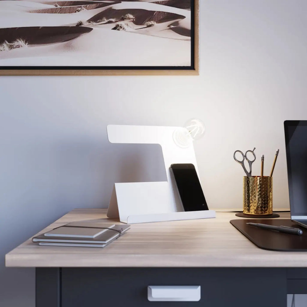 Lampe de bureau en acier plié avec vide-poche, ampoule apparente