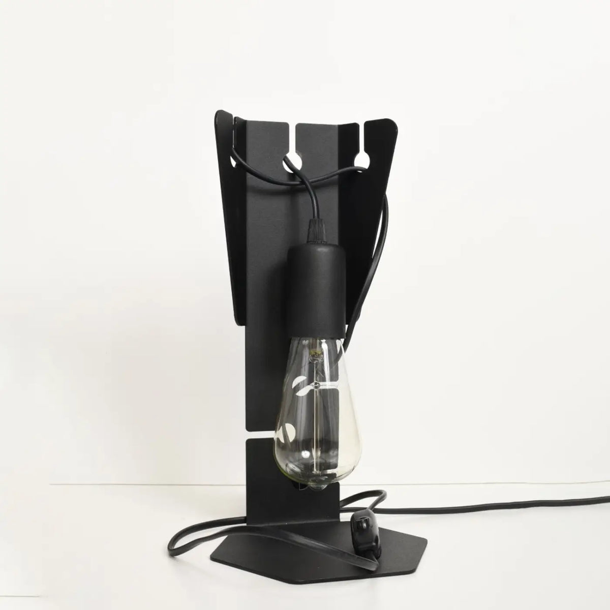 Lampe de bureau plaque en acier découpée, ampoule pendante E27, noir
