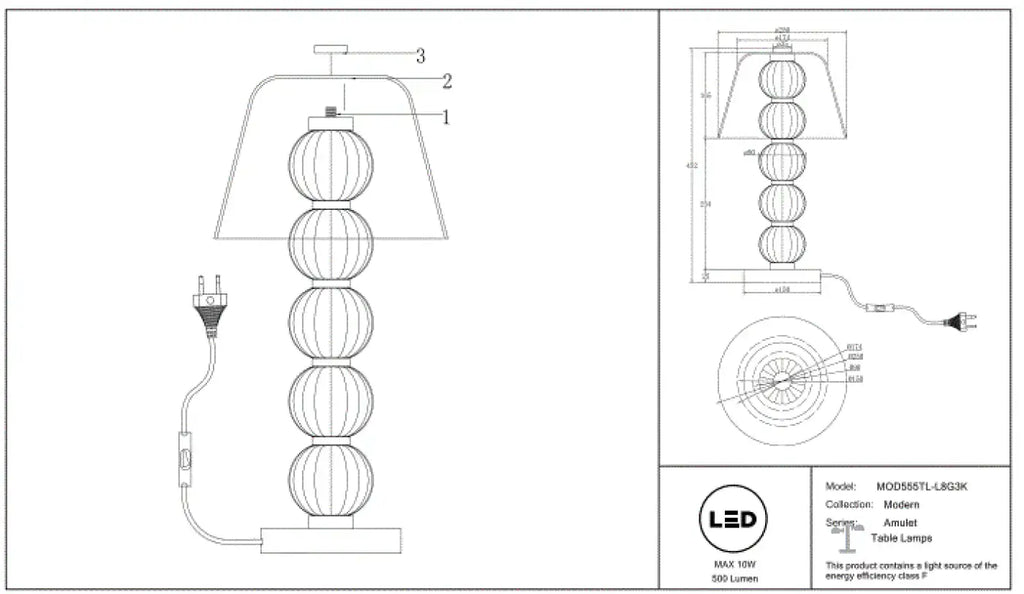 Lampe de chevet bijou, perles de verre sur métal doré, LED 10 W