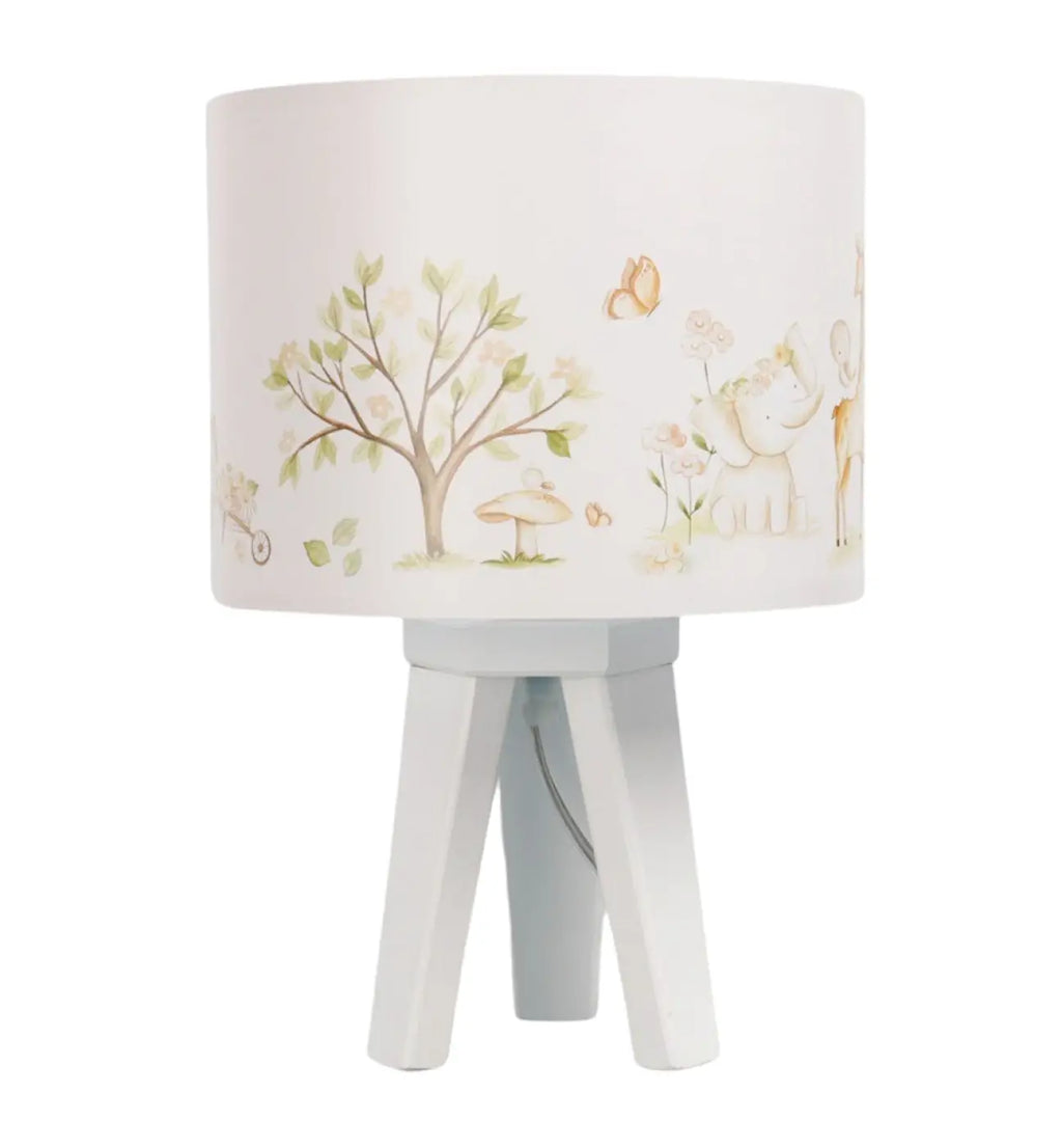 Lampe de chevet enfant au pied en bois, animaux de la savane