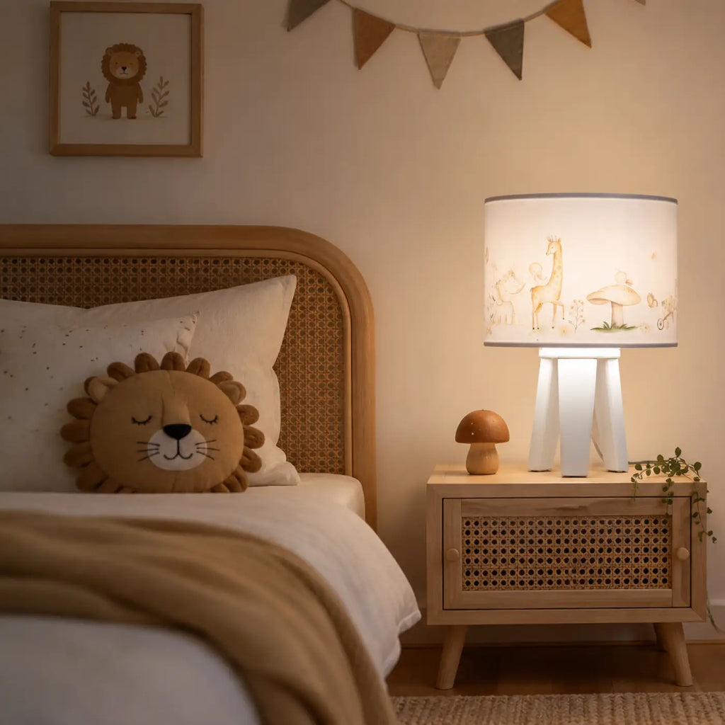 Lampe de chevet enfant au pied en bois, animaux de la savane