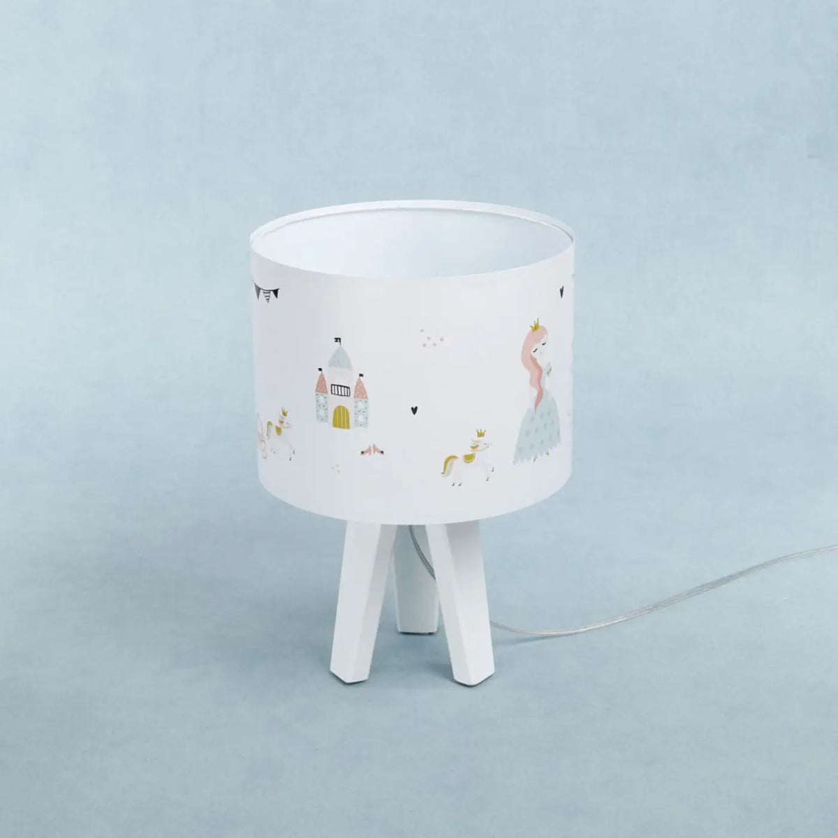 Lampe de chevet enfant princesse et licorne, pied en bois