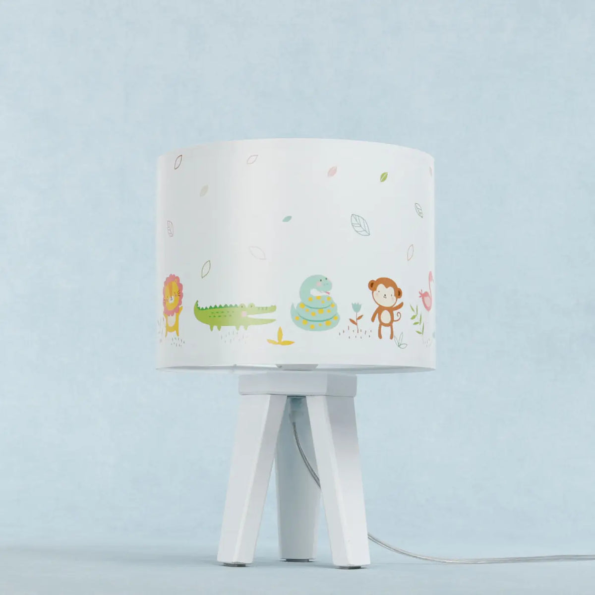Lampe de chevet enfant en bois, animaux exotiques blanc et vert clair