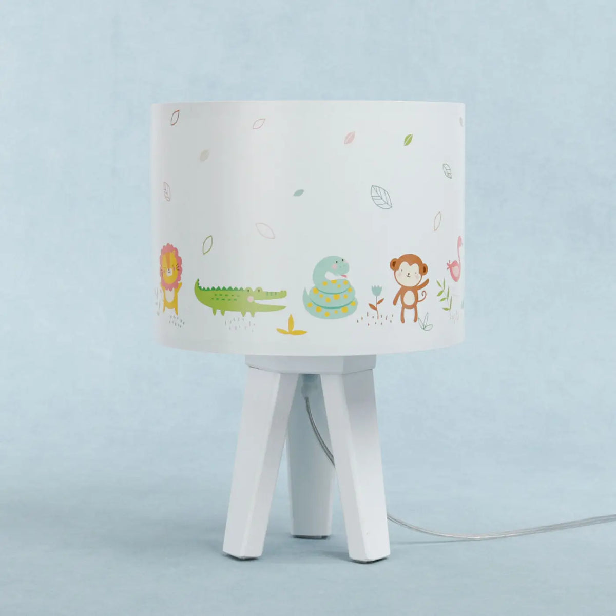 Lampe de chevet enfant en bois, animaux exotiques blanc et vert clair